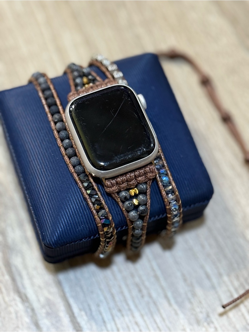 Boho Beaded Apple Watch Wrap Band Brown Cord Gray Stone Crystal Adjustable - Picture 2 of 11
